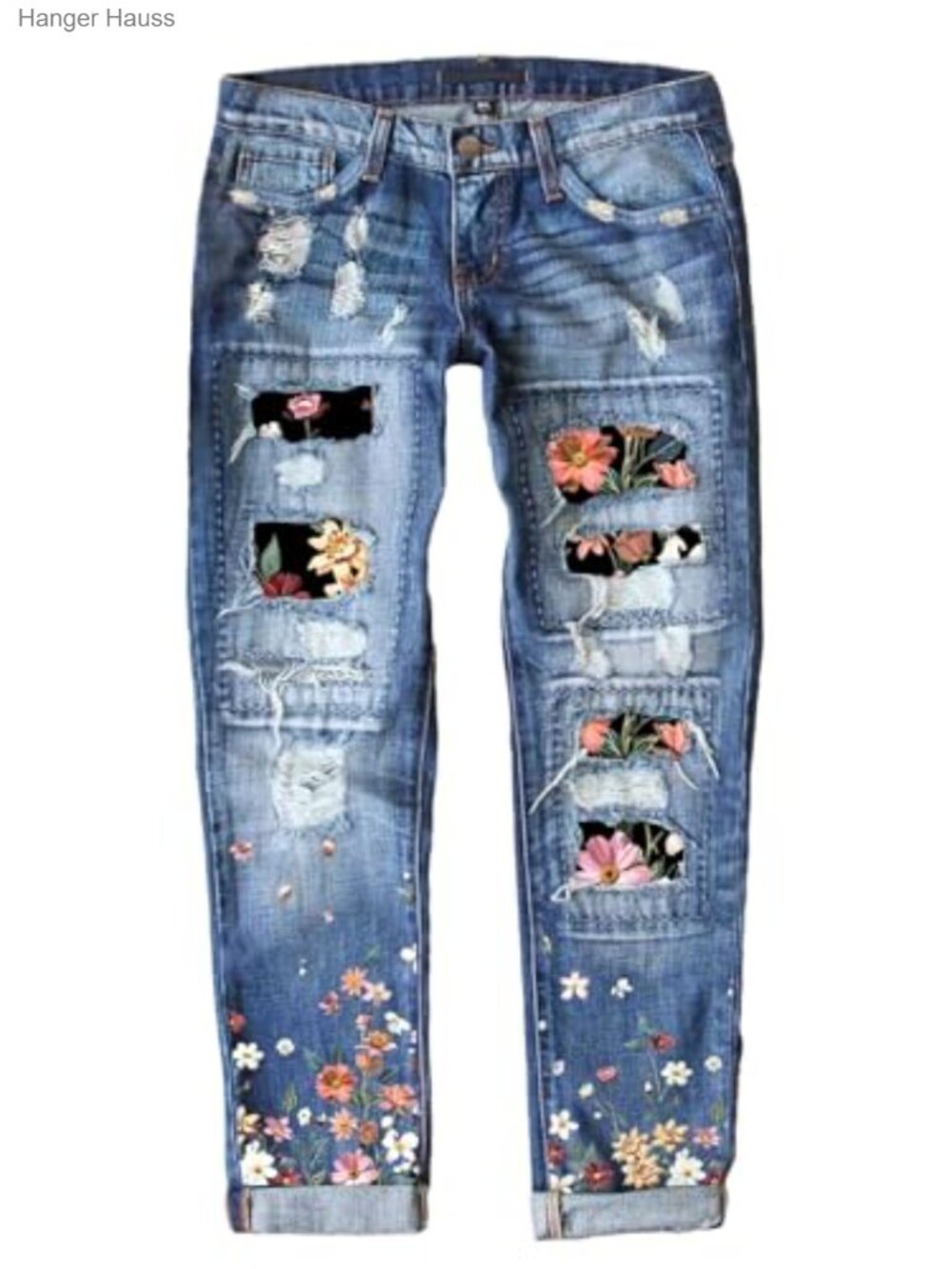 Womens Plaid Patch Ripped Boyfriend Distressed Stretch Skinny Denim Jeans